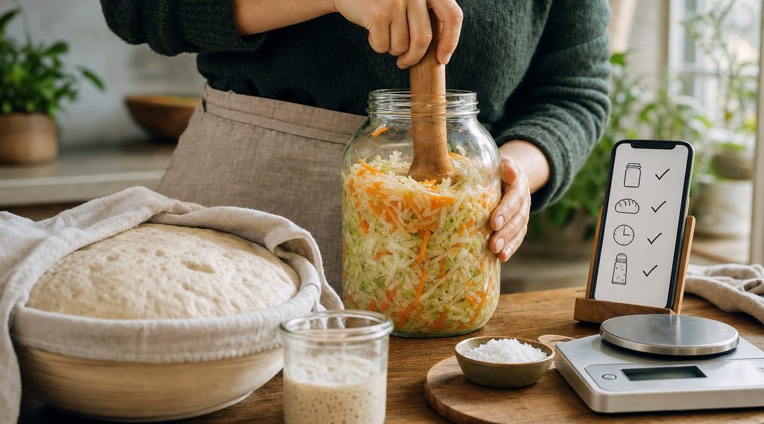 Fermentation day in a home kitchen: hands pack cabbage and carrot into a glass jar beside rising sourdough, with salt, a scale and a phone showing a ticked step-by-step plan.