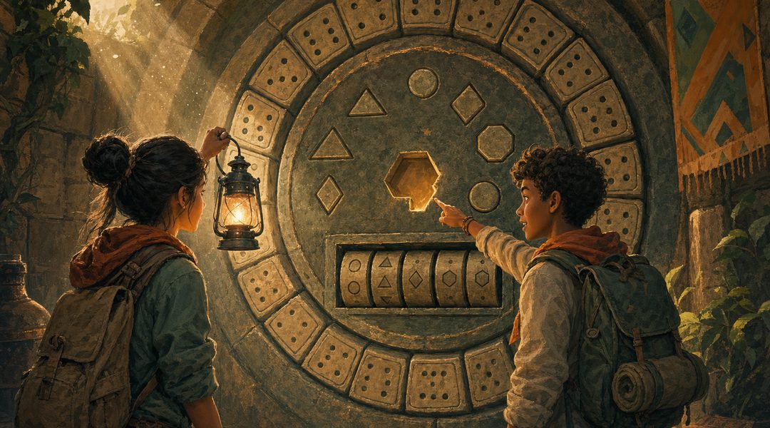 Two young explorers with a lantern at a carved stone door covered in number tiles, shapes and rotating dials, one pointing at the missing piece.