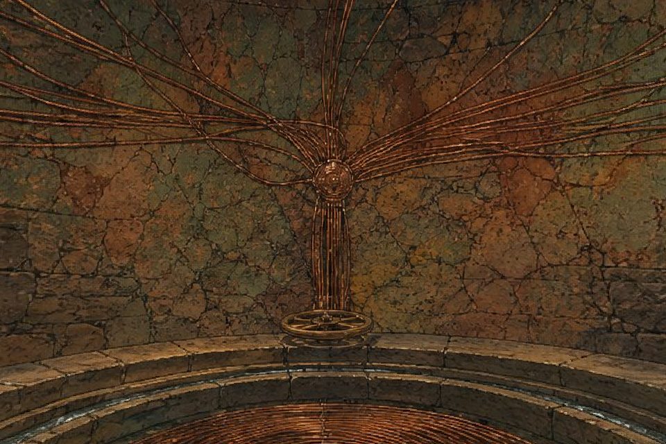 A dark chamber wall with copper wires spreading out from a small wheel at its centre.