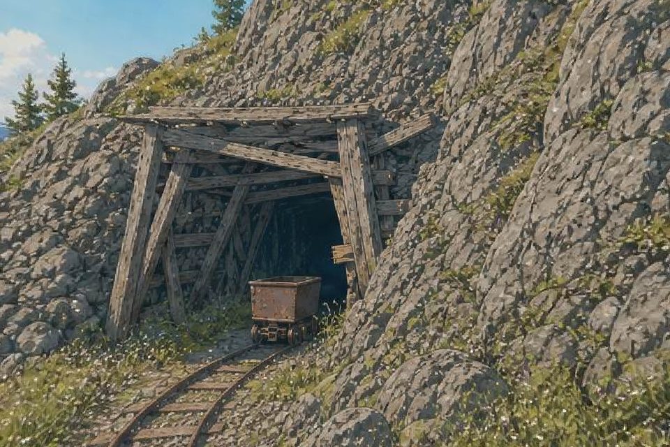 An old timber-framed mine entrance in a rocky hillside, with a rusty cart on the rails.