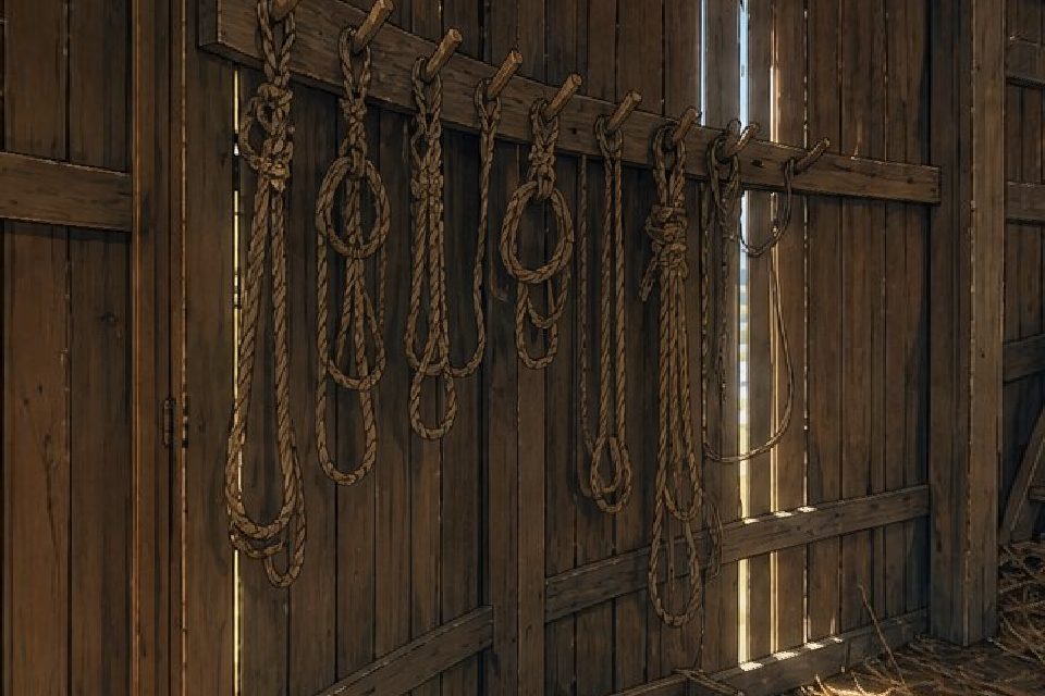 Knotted ropes hanging from wooden pegs on a barn wall, light through the planks.
