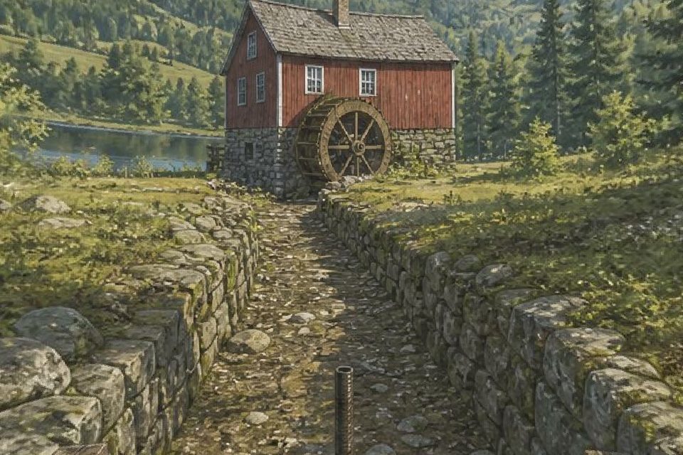 A red wooden mill with a water wheel at the end of a stone channel, beside a lake.