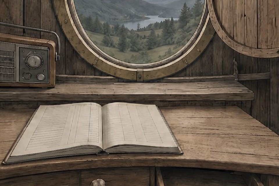 A loft desk with an open ledger, an old radio on a shelf and a round window looking over a valley.